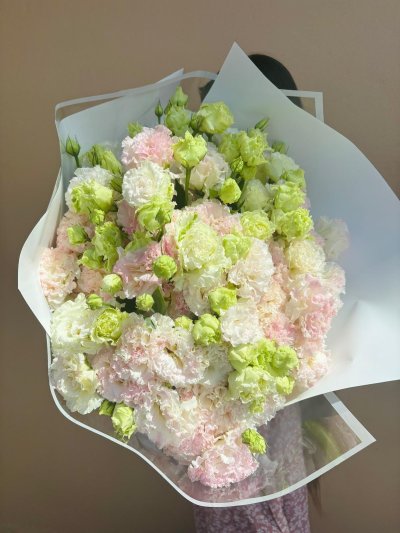 A large bouquet of pastel carnations in ice cream tones of pink, white, and green, wrapped in sheer white paper.