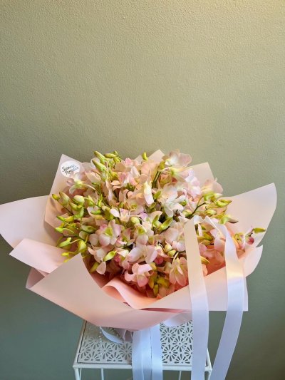 Bouquet of pale pink dendrobium orchids wrapped in pastel pink paper with white satin ribbons