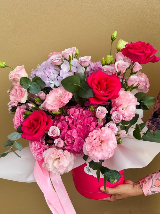 Pink Parade is a radiant hatbox of pink roses, hydrangeas, lisianthuses, and carnations for joyful celebrations.