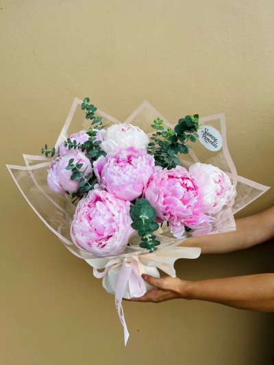 Bouquet of 7 blooming pink peonies, cradled in soft eucalyptus and wrapped in translucent pastel layers.