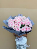 Large bouquet of 35 soft pink and white roses wrapped in dusty blue paper, held by hands against a neutral beige background